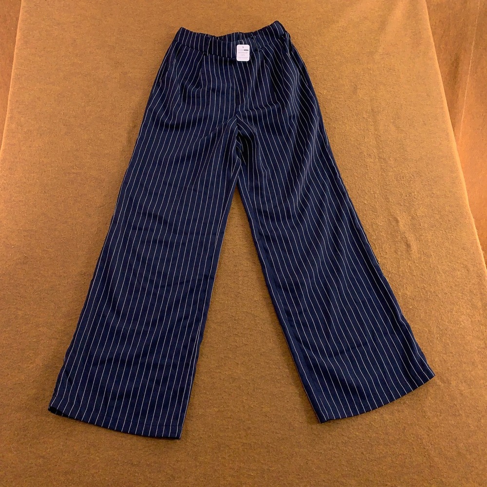 Fashion Nova Women Small Navy Blue Pinstripe Wide Leg High Waist Dress Pants NWT